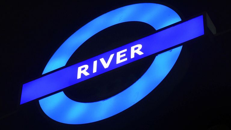 A Thames River Bus service sign on the River Thames in central London. River Bus services are operated by MBNA Thames Clippers. 25/4/2019