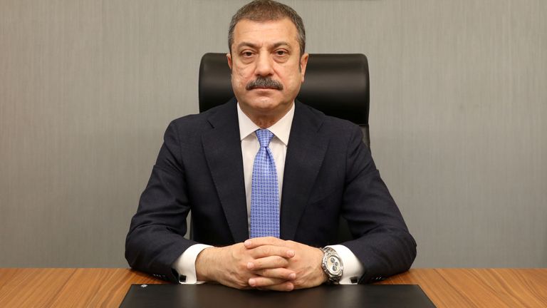 FILE PHOTO: Turkey&#39;s new Central Bank Governor Sahap Kavcioglu sits at his office in Ankara, Turkey March 21, 2021.