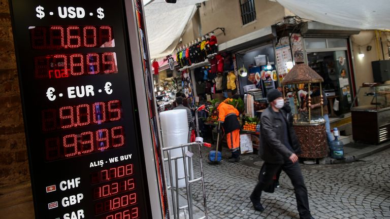 A man walks past a foreign currency board in a currency exchange shop, in Istanbul, Monday, March 22, 2021. The Turkish currency plummeted against the U.S. dollar on Monday after President Recep Tayyip Erdogan fired the central bank governor over the weekend for hiking interest rates. Pic: AP