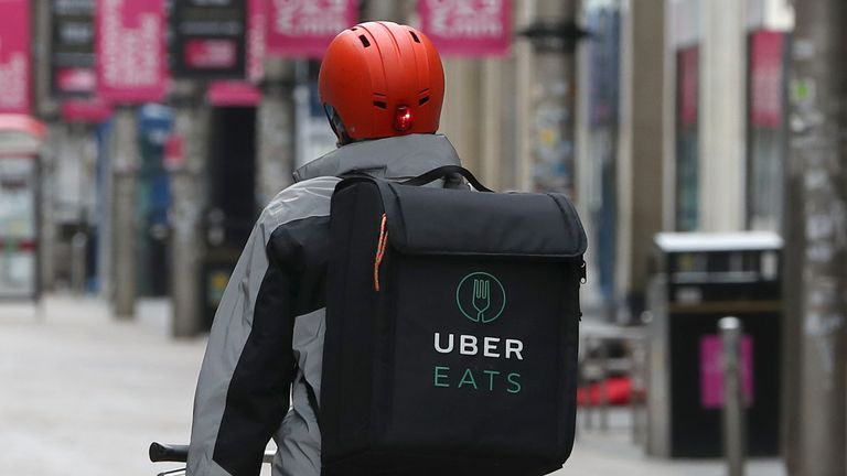 An UBER EATS cyclist in Glasgow as the UK continues in lockdown to help curb the spread of the coronavirus. 28/3/2020