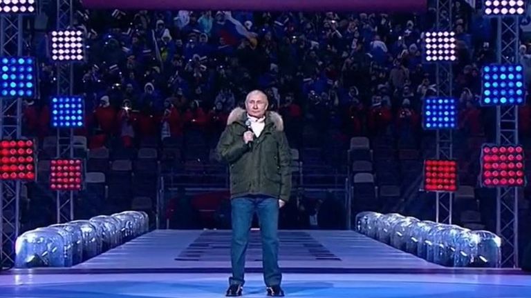 Vladimir Putin entertains a stadium full of admirers in Moscow