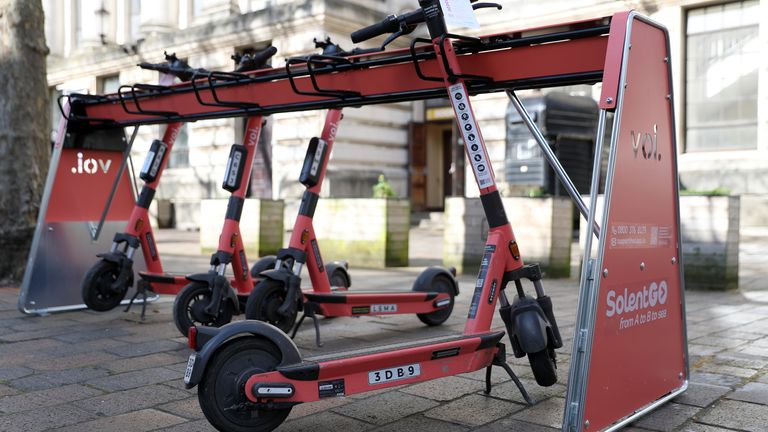 Voi rental e-scooters lined up near to the Guildhall in Portsmouth