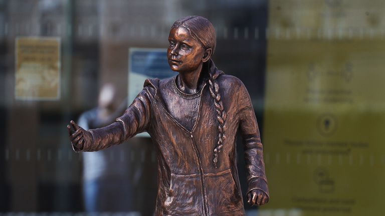The statue of climate change activist Greta Thunberg which has been installed outside the University of Winchester&#39;s West Down Centre in Winchester, Hampshire. Picture date: Tuesday March 30, 2021.
