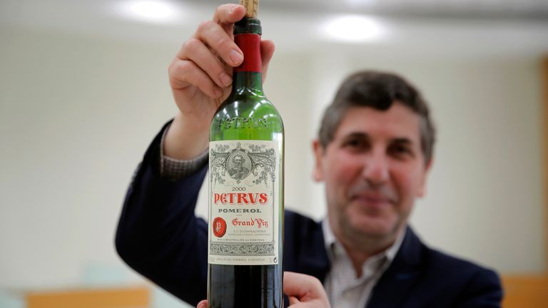 A bottle of Petrus red wine that spent a year orbiting the world in the International Space Station. Pic: AP