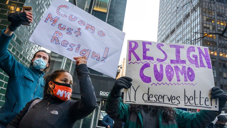 New Yorkers Rally for Mr Cuomo&#39;s Resignation in front of his Manhattan office in New York. Pic: AP