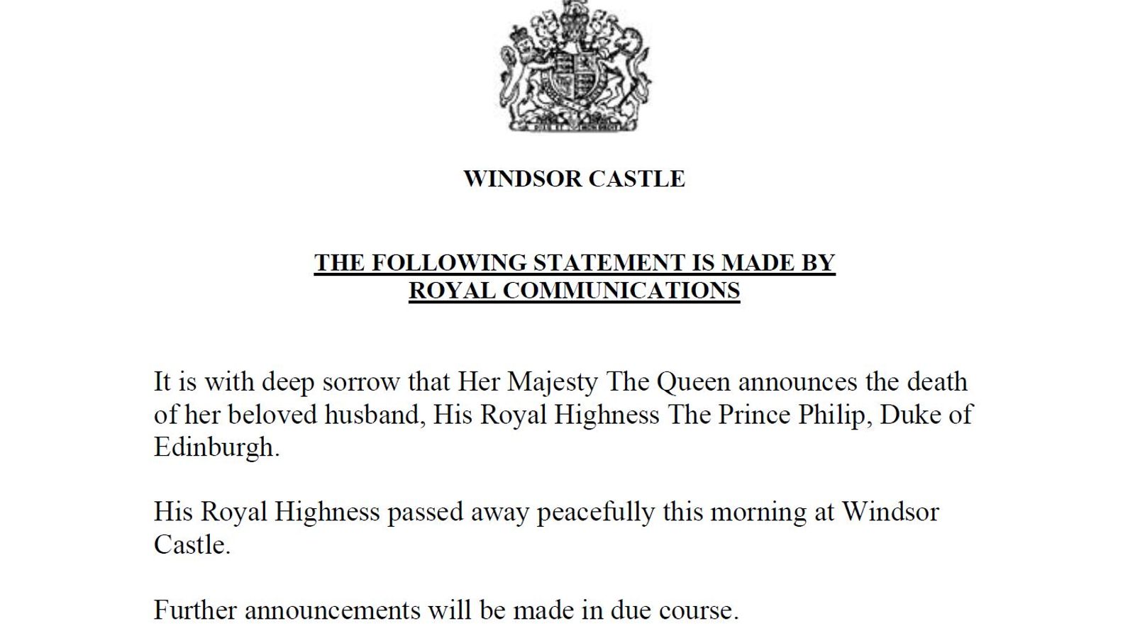 Prince Philip, The Duke of Edinburgh, has died Brief Briefing