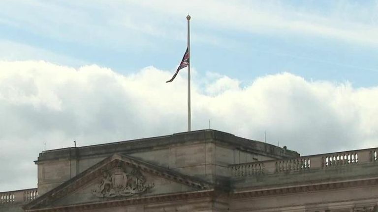 Buckingham Palace flies the flag at half-mast after Prince Philip , The Duke of Edinburgh, dies.