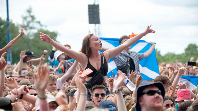 Fans watch The Wombats perform on the Main Stageduring the TRNSMT festival at Glasgow Green, Scotland.