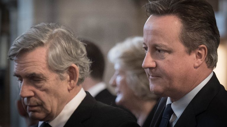 Former Prime Ministers Gordon Brown and David Cameron at the memorial service at Southwark Cathedral, London for the former culture secretary, Baroness Tessa Jowell.