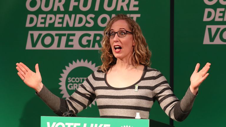 Scottish Green Party co-leader Lorna Slater on the campaign trail for the Green party at the National Piping Centre in Glasgow for the Scottish Parliamentary election. Picture date: Friday March 26, 2021.