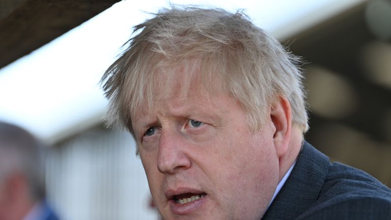 Prime Minister Boris Johnson during a visit to Moreton farm in Clwyd near Wrexham, north Wales, as part of Welsh Conservative Party Senedd election campaign. Picture date: Monday April 26, 2021.