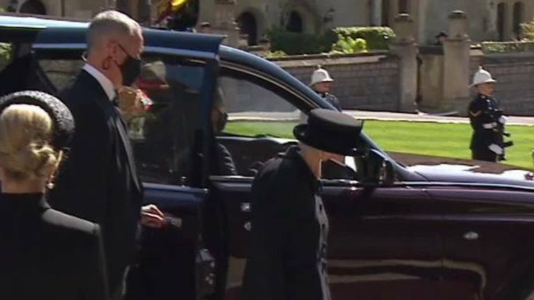 The Queen arrives at Windsor castle for the funeral of her husband the Duke of Edinburgh.
