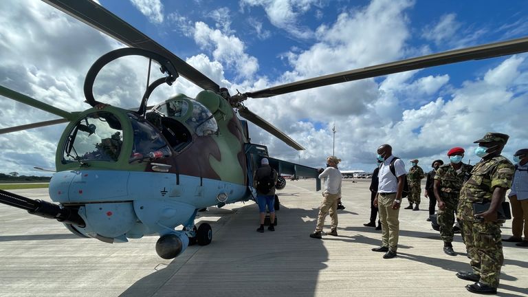 Boarding a helicopter in Afungi, Mozambique. Alex Crawford copy. 05 April 2021