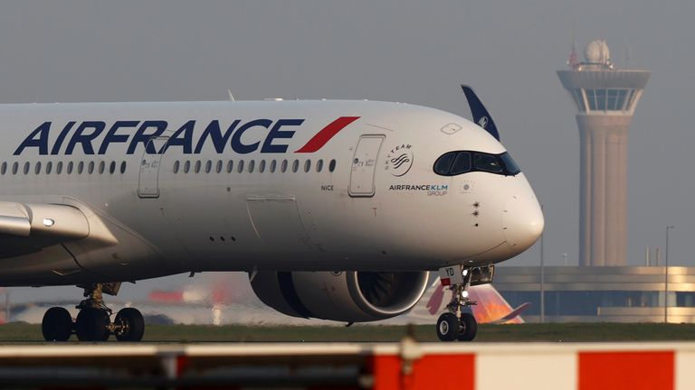 An Air France Airbus A350 airplane lands at the Charles-de-Gaulle airport in Roissy, near Paris, France April 2, 2021. REUTERS/Christian Hartmann