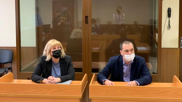 Olga Mikhailova and Vadim Kobzev, lawyers of Russian opposition leader Alexei Navalny, are seen in a courtroom before a hearing to consider an appeal against an earlier court decision that found Navalny guilty of slandering a Russian World War Two veteran, in Moscow, Russia April 29, 2021. Press Service of Babushkinsky District Court of Moscow/Handout via REUTERS ATTENTION EDITORS - THIS IMAGE HAS BEEN SUPPLIED BY A THIRD PARTY. NO RESALES. NO ARCHIVES. MANDATORY CREDIT.