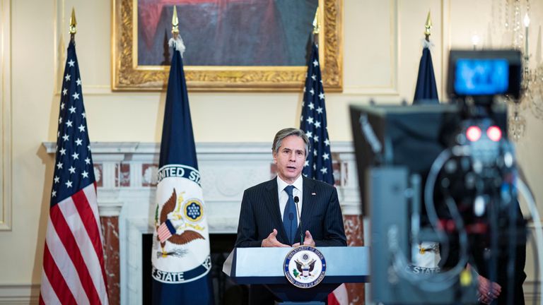 U.S. Secretary of State Antony Blinken announces his appointment of Gayle Smith as the new State Department Coordinator for Global COVID Response and Health Security as he speaks about U.S. leadership in fighting the coronavirus disease (COVID-19) at the State Department in Washington, U.S., April 5,