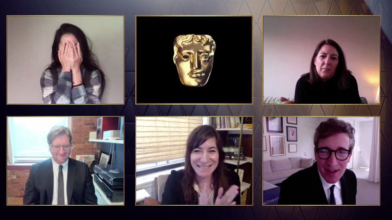 Mollye Asher, Dan Janvey, Frances Mcdormand, Peter Spears, Chloe Zhao - Best Film - Nomadland. Pic: BAFTA