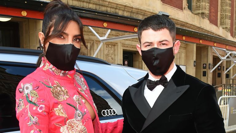 Priyanka Chopra Jonas and Nick Jonas outside the Royal Albert Hall for the BAFTAs