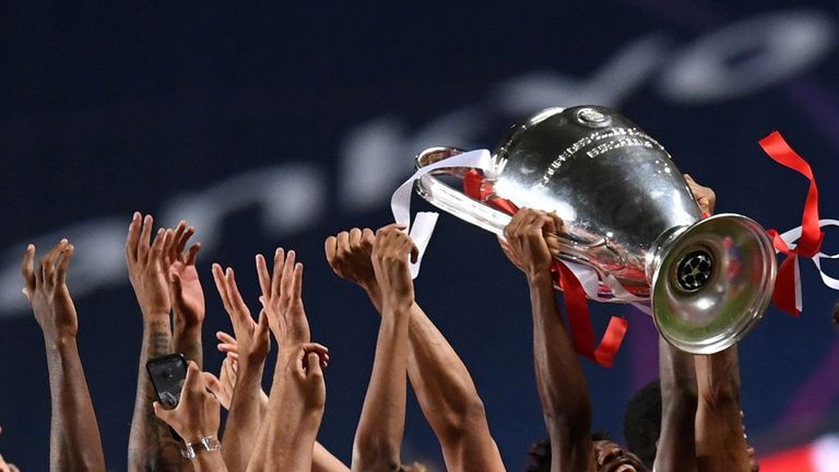 Bayern Munich, who were not part of the Super League plans, celebrate winning last season&#39;s Champions League