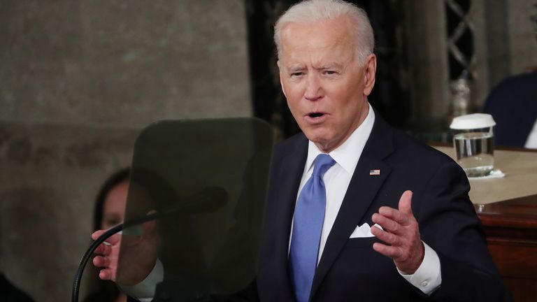 Joe Biden delivers his first address to a joint session of Congress in the House chamber of the U.S. Capitol in Washington, U.S., April 28, 2021