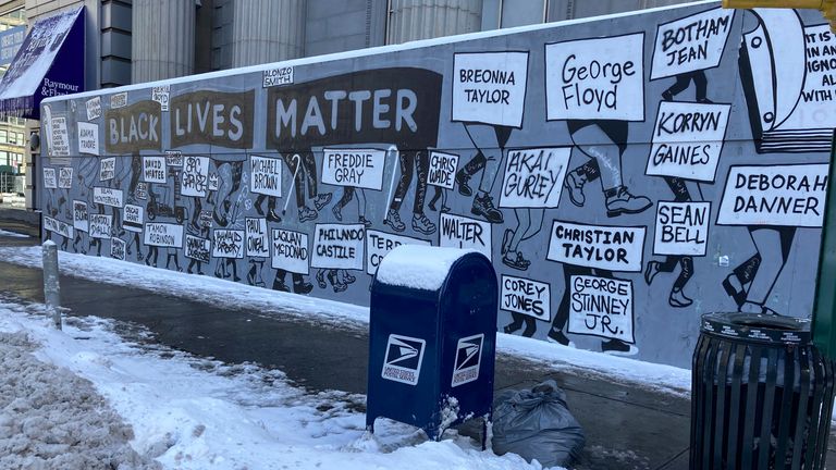 A Black Lives Matter mural in New York City featuring the names of people who activists say have died at the hands of police brutality. Pic: AP