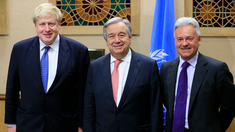 British Foreign Secretary Johnson poses with UN Secretary General Guterres and British Foreign Minister Duncan after a meeting on the sidelines of the Cyprus Conference in Geneva.