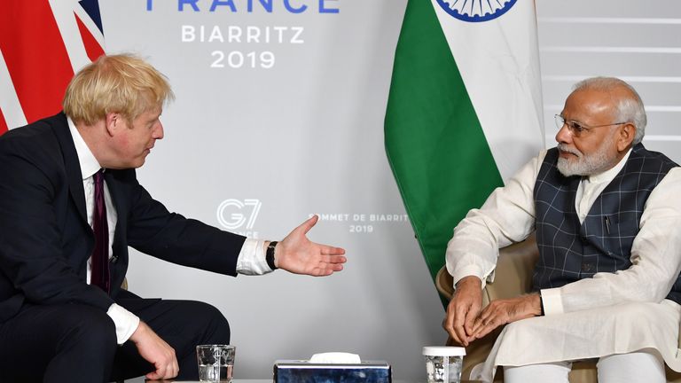 Prime Minister Boris Johnson meeting India PM Narendra Modi for bilateral talks during the G7 summit in Biarritz, France                                                                                                                                                                                        