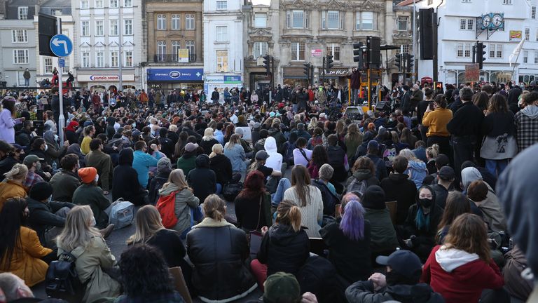 Demonstrators sit on Baldwin Street in Bristol during a 'Kill The Bill' protest against The Police, Crime, Sentencing and Courts Bill. Picture date: Saturday April 3, 2021.

