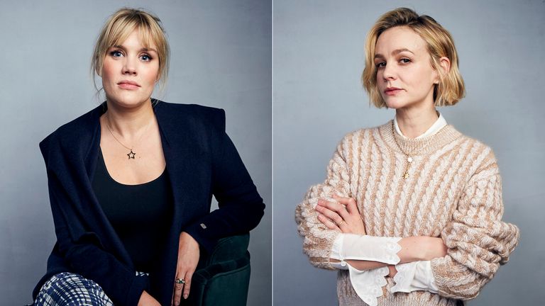 Writer/director Emerald Fennell, left, and actress Carey Mulligan promote their film Promising Young Woman during the Sundance Film Festival in Utah in January 2020. Pic: AP