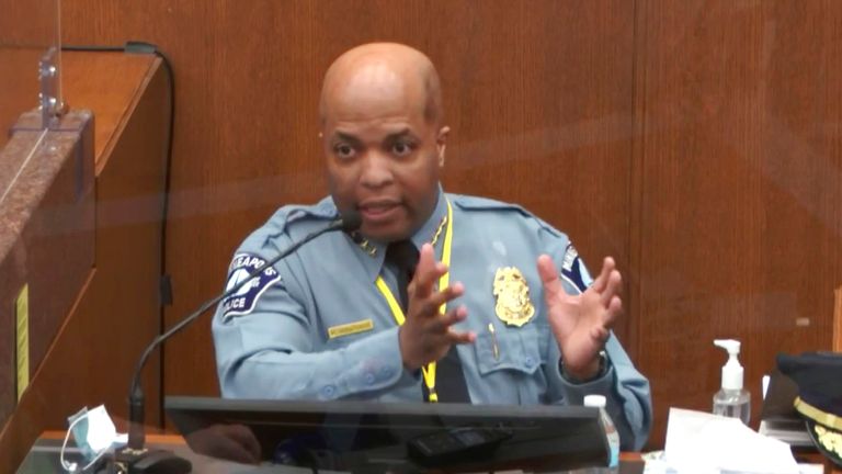 Minneapolis Police Chief Medaria Arradondo testifies. Pic: AP