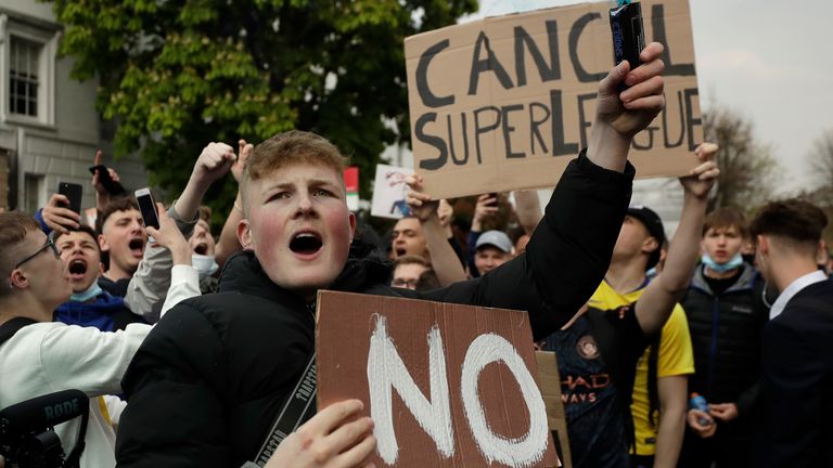 Chelsea fans protest outside Stamford Bridge against the European Super League plans. Pic: AP