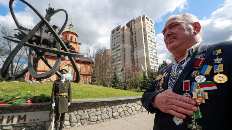 A ceremony marking the disaster&#39;s 35th anniversary is held at a memorial to firefighters and workers, who died following the explosion