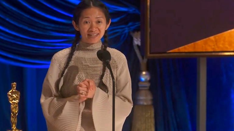 In this video image provided by ABC, Chloe Zhao accepts the award for best director for &#34;Nomadland&#34; at the Oscars on Sunday, April 25, 2021. (ABC via AP)