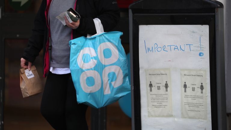 Social distancing signage at the Co Op in Callander, Perthshire as the UK continues in lockdown to help curb the spread of the coronavirus.