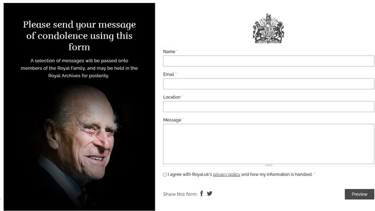 An online book of condolence is available on the Royal website for those who wish to send a personal message of condolence