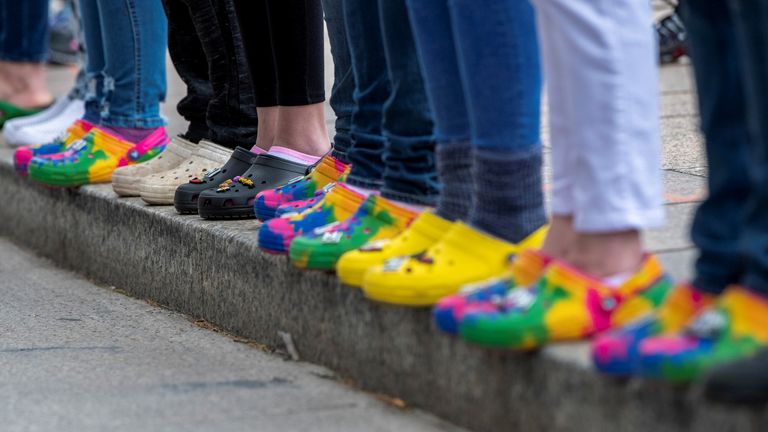 People wore the customisable shoe during a protest against the police after 16-year-old Ma&#39;Khia Bryant was shot in Ohio on 24 April. It was part of the "Show Your Crocs for Ma&#39;Khia Bryant" demonstration