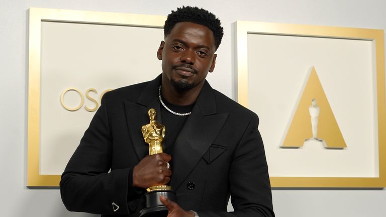 Daniel Kaluuya, winner of the award for best actor in a supporting role for "Judas and the Black Messiah," poses in the press room at the Oscars on Sunday, April 25, 2021, at Union Station in Los Angeles. (AP Photo/Chris Pizzello, Pool)