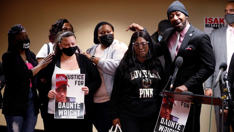 Katie Wright (left) mother of Daunte Wright is pictured at a protest in Minneapolis on Friday