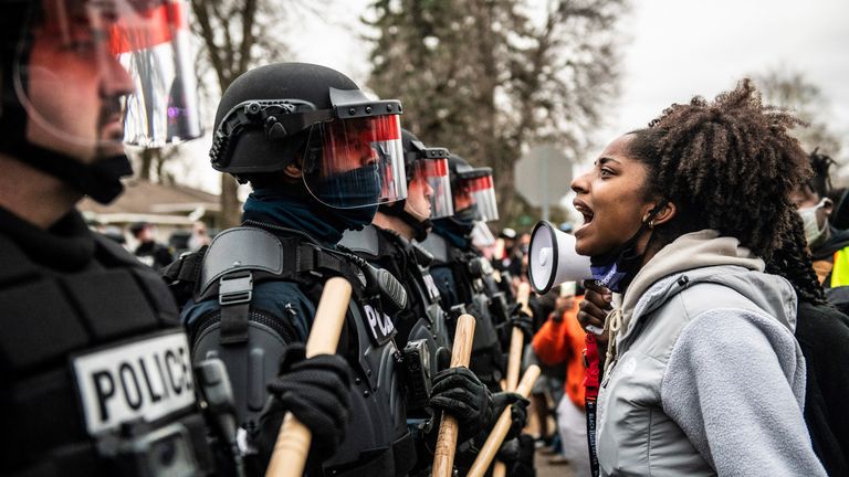 Protestors demonstrate near the corner of Katherene Drive and 63rd Ave North on April 11, 2021 in Brooklyn Center, Minnesota after the killing of Daunte Wright. Photo: Chris Tuite/ImageSPACE /MediaPunch /IPX