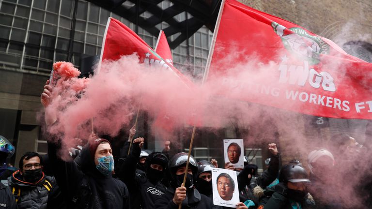 Gig economy riders for app-based meal delivery platform Deliveroo demonstrate outside the companies headquarters in London, Wednesday, April 7, 2021. Pic: AP