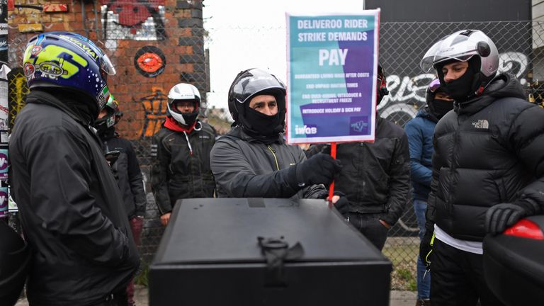 Deliveroo riders from the Independent Workers&#39; Union of Great Britain (IWGB) in Shoreditch High Street, east London, as they go on strike in a dispute for fair pay, safety protections and basic workers&#39; rights. Picture date: Wednesday April 7, 2021.