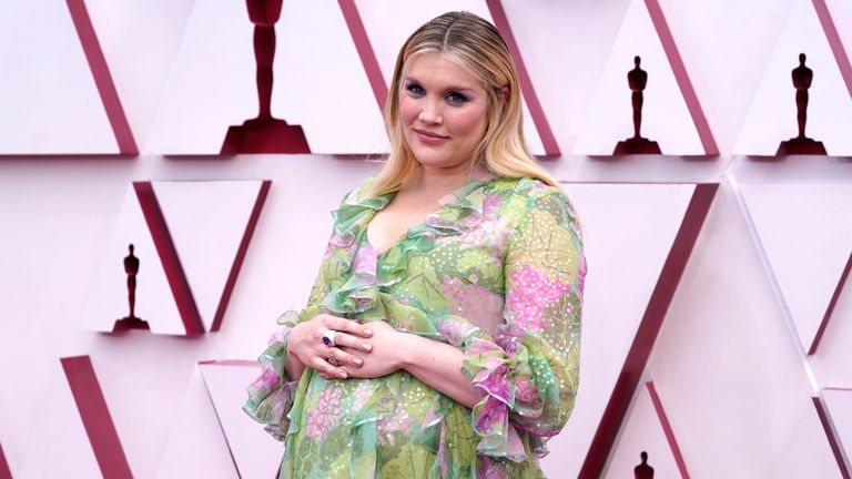Emerald Fennell arrives at the Oscars on Sunday, April 25, 2021, at Union Station in Los Angeles. (AP Photo/Chris Pizzello, Pool)