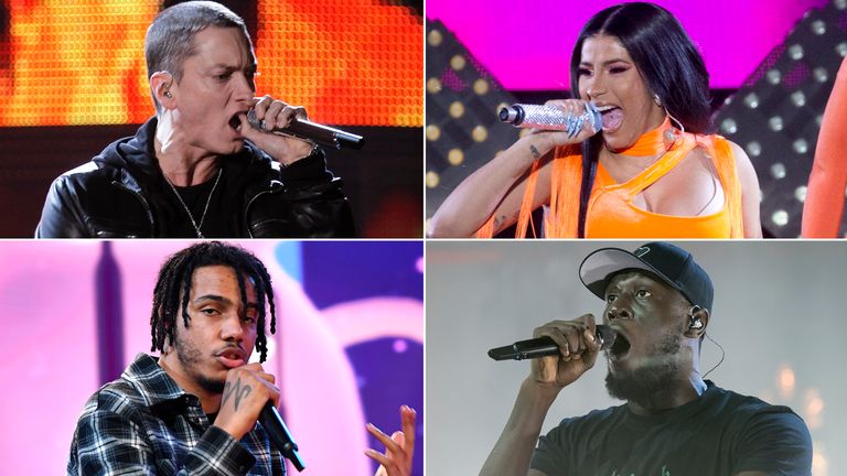 Clockwise from top left: Eminem, Cardi B, Stormzy, AJ Tracey. Pics: Reuters/PA/Anthony Harvey/Shutterstock
