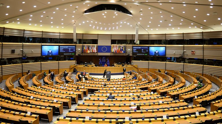 European Council President Charles Michel and European Commission President Ursula von der Leyen attend the EU Parliament plenary session in Brussels, Belgium April 26, 2021. REUTERS/Johanna Geron
