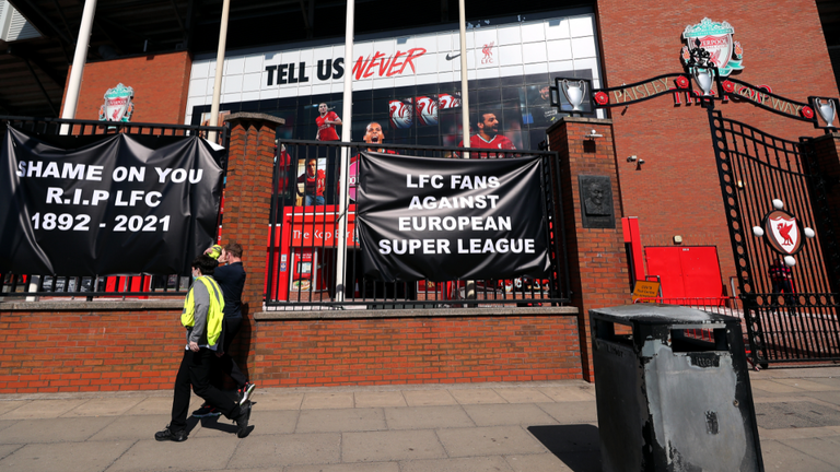 Banners outside Liverpool&#39;s Anfield ground show opposition to Super League plans