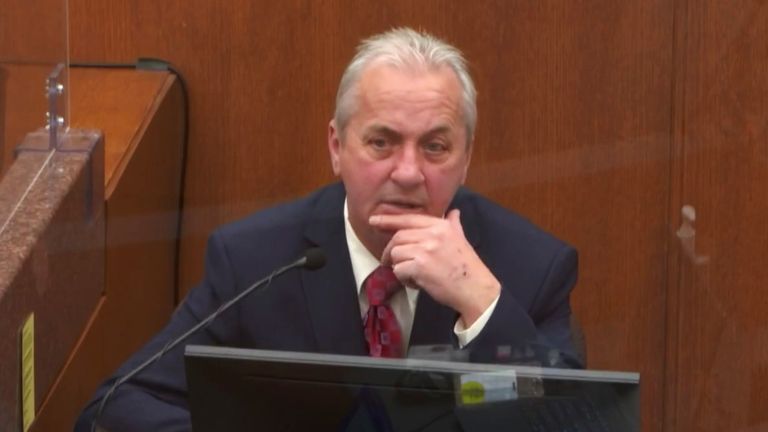 In this image from video, witness Lt. Richard Zimmerman of the Minneapolis Police Department David Pleoger, testifies as Hennepin County Judge Peter...Cahill presides Friday, April 2, 2021, in the trial of former Minneapolis police Officer Derek Chauvin at the Hennepin County Courthouse in Minneapolis, Minn. Chauvin is charged in the May 25, 2020 death of George Floyd. (Court TV via AP, Pool)