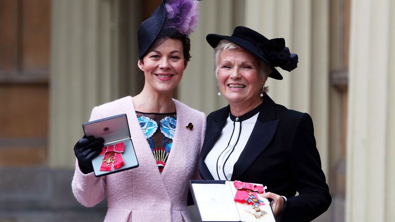 Dame Julie Walters (right) and Helen McCrory  after they awarded a Damehood and OBE respectively by Queen Elizabeth II at an Investiture ceremony at Buckingham Palace, London. PRESS ASSOCIATION Photo. Picture date: Tuesday November 7, 2017. See PA story ROYAL Investiture. Photo credit should read: Steve Parsons/PA Wire