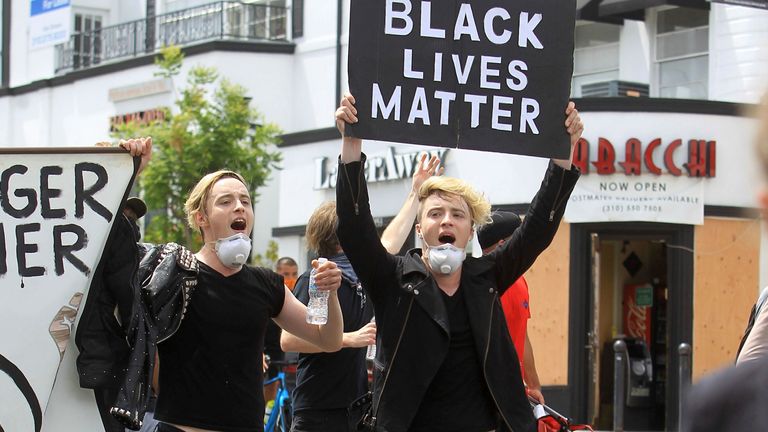John Grimes and Edward Grimes - aka Jedward - join demonstrators in LA in June 2020, in protest over the death of George Floyd. Pic: AP/zz/GOTPAP/STAR MAX/IPx