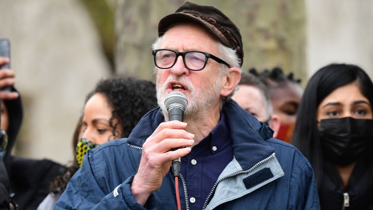Former Labour Party Leader Jeremy Corbyn speaks during a &#39;Kill The Bill&#39; protest against The Police, Crime, Sentencing and Courts Bill in Parliament Square, London. Picture date: Saturday April 3, 2021.
