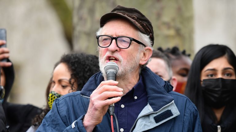 Former Labour Party Leader Jeremy Corbyn speaks during a 'Kill The Bill' protest against The Police, Crime, Sentencing and Courts Bill in Parliament Square, London. Picture date: Saturday April 3, 2021.
